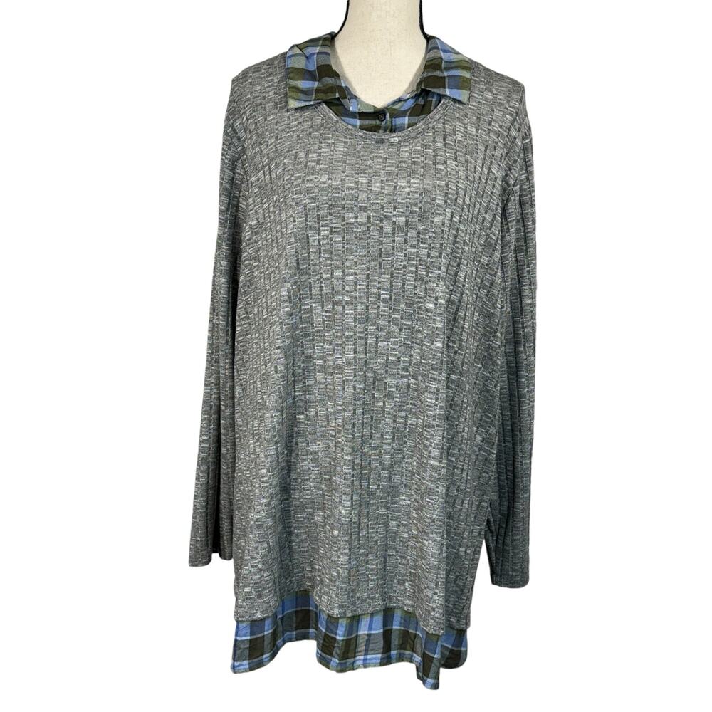 CJ Banks 3X-Large Sweater Long Sleeve Plaid Accent V-Neck Collared Stretch Gray